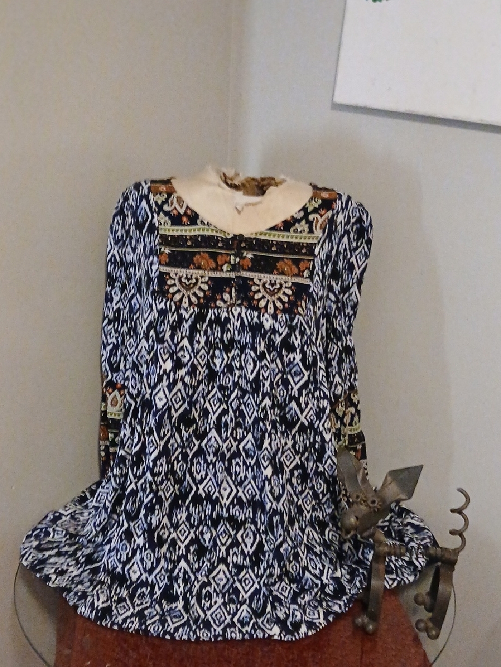 entro Navy and White Printed Long Sleeve Tunic with Embroidered Yoke Accent